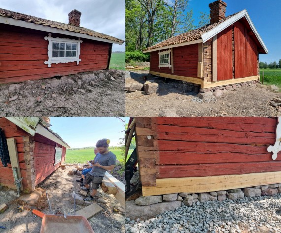Fyra bilder visar reparation och återställning av trägrund och sockel på en röd timmerstuga med vita fönsterkarmar, nytt trä och stenarbete.