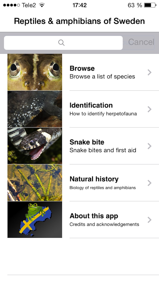 De olika kategorierna i "Reptiles & amphibians of Sweden".