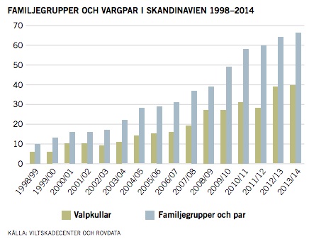 Antal vargfamiljer och valpar i Sverige.