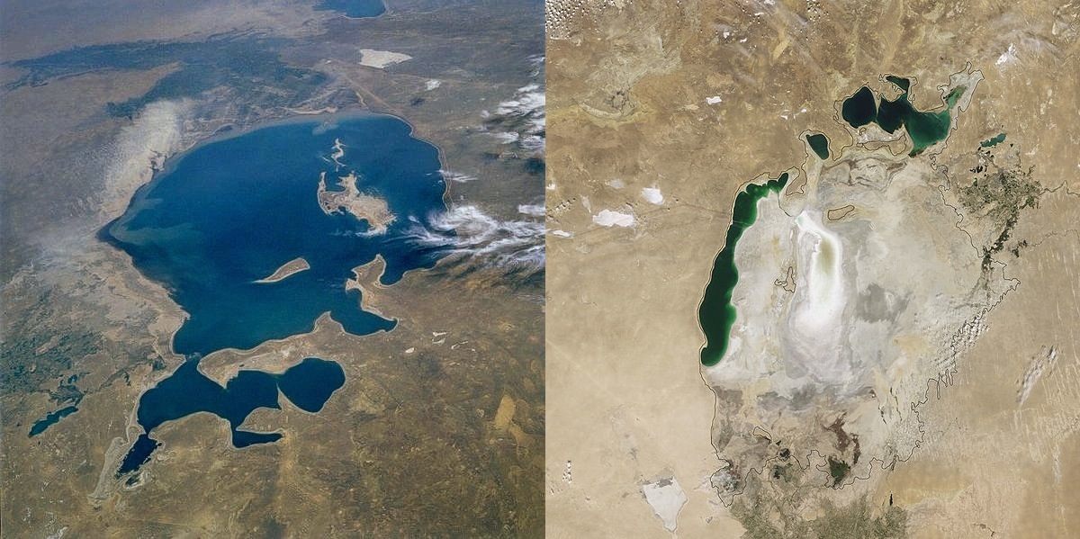 Aralsjön 1985 till vänster och 2009 till höger. Foto: NASA via Wikimedia