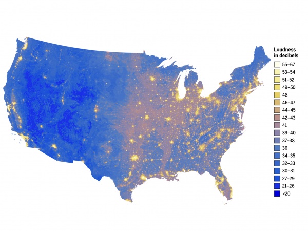 Ljudnivåer i USA, baserat på 1,5 miljoner timmars mätningar. Foto: NSA 