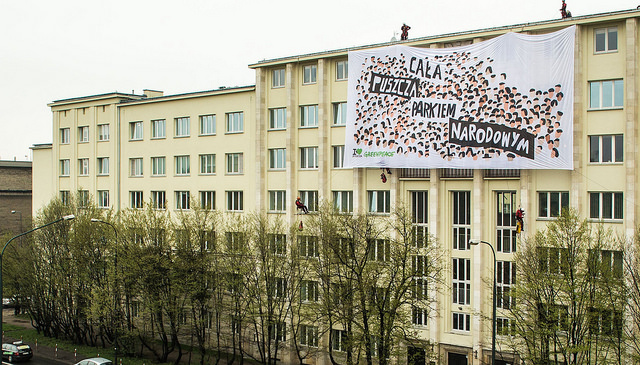 Greenpeaces protester i Polen. Foto: Konrad Konstantynowicz via Greenpeace i Polen https://www.flickr.com/photos/greenpeacepl/