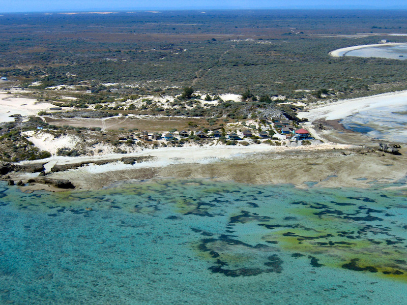 Aerial view of forests, coral reef and settlement on the sea near near Morondava, Madagascar