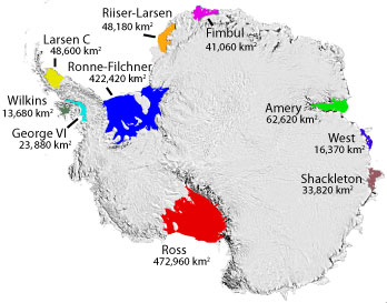 Områden i Antarktis Larsen C högst upp till vänster. Bild: Ted Scambos, National Snow and Ice Data Center, Attribution, https://commons.wikimedia.org/w/index.php?curid=5024830