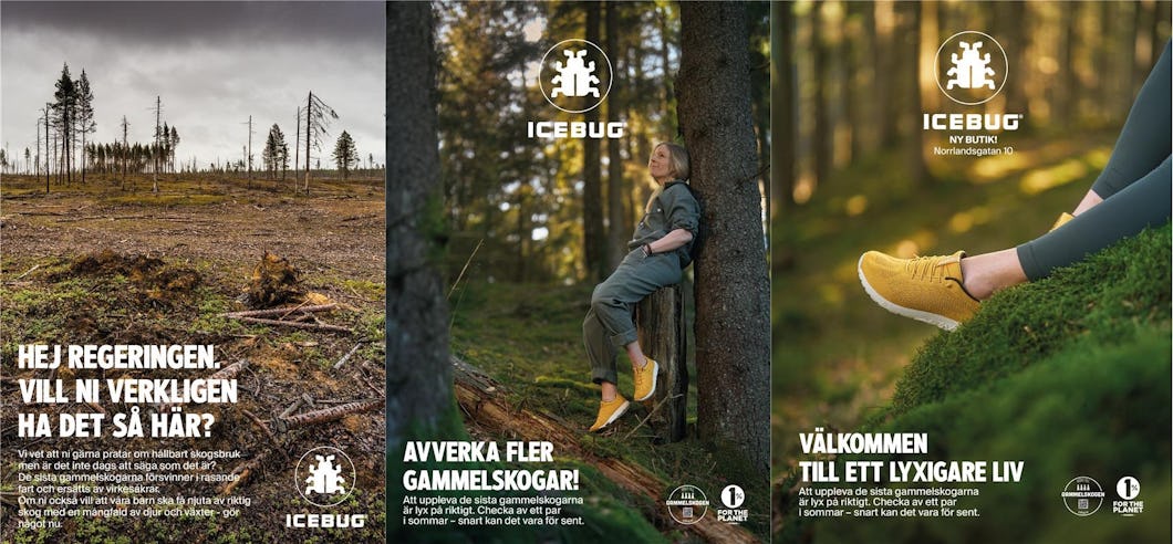 Tredelad reklam för icebug-skor med naturliga miljöer och en person som visar användningen av skor i utomhusaktiviteter.
