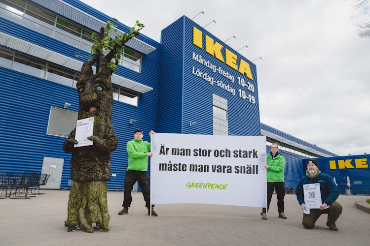 Aktivister klädda som träd håller en banderoll utanför en ikeabutik under en miljöprotest.