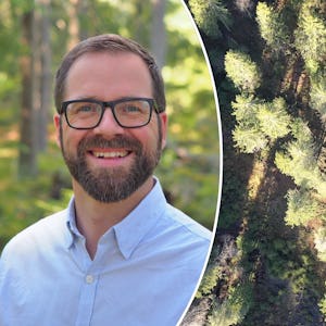 Markus Steén på Plockhugget och flygbild över skog.