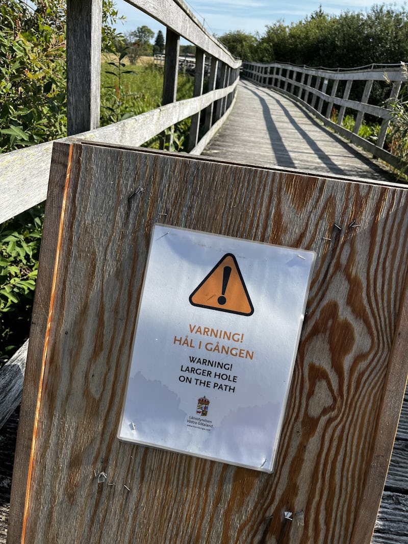 Hål i en spång vid Hornborgasjöns naturum.