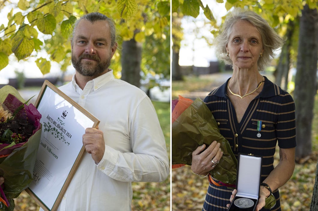 Årets miljöhjälte 2024: Emil V Nilsson och vinnare av Stiftelsen Marie-Claire Cronstedts pris: Helena Röcklinsberg.