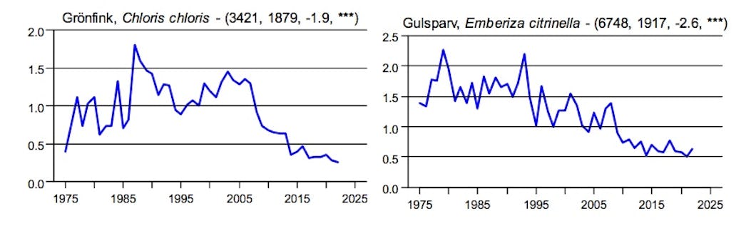 Utvecklingen för grönfink och gulsparv ser inte bra ut.