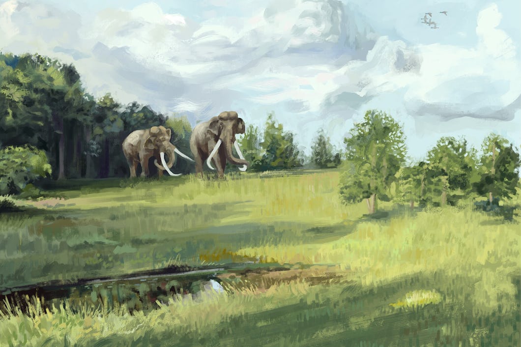 Målning av den utdöda elefanten Palaeoloxodon antiquus som bland annat levde i Europa.