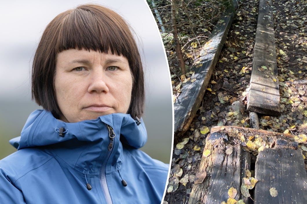 Friliuftsfrämjandets generalsekreterare Kristina Ljungros och en trasig spång.