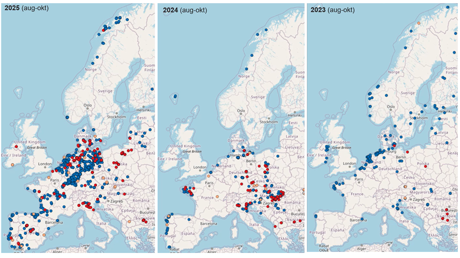 Utvecklingen av fågelinfluensan i norra Europa.