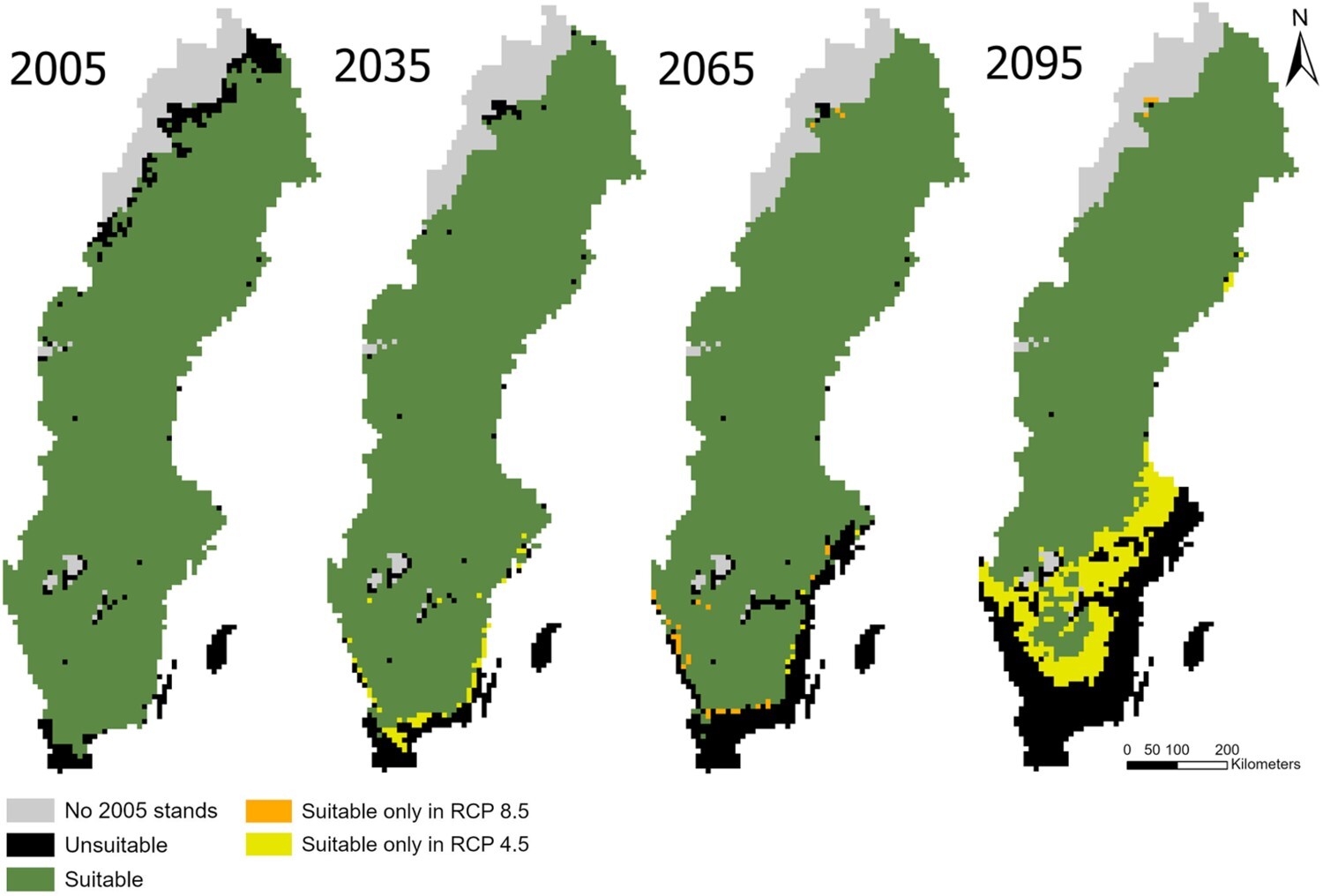 Grönt betyder lämpliga områden för gran. Svart: olämpligt områden. Gult: Lämpligt område enbart under måttliga klimatförändringar.