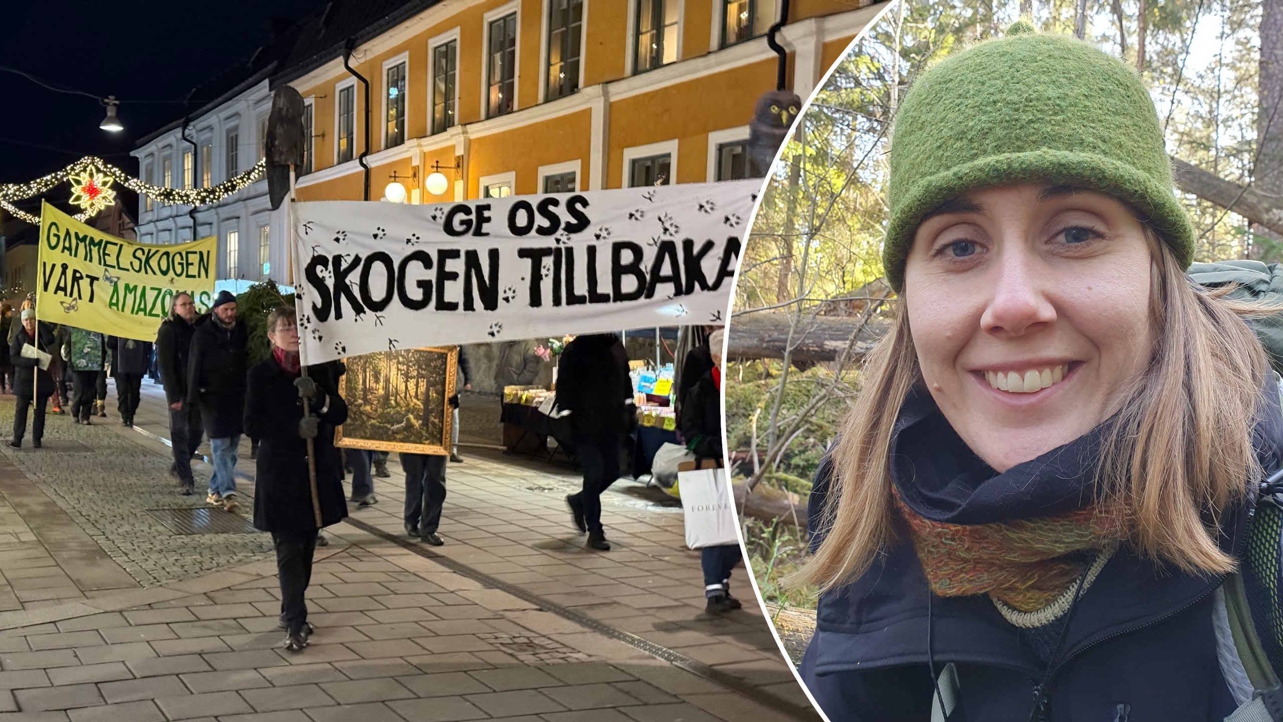 Bild från den första manifestationen i Uppsala på temat "Ge oss skogen tillbaka". Till höger: Clara Lerbro.
