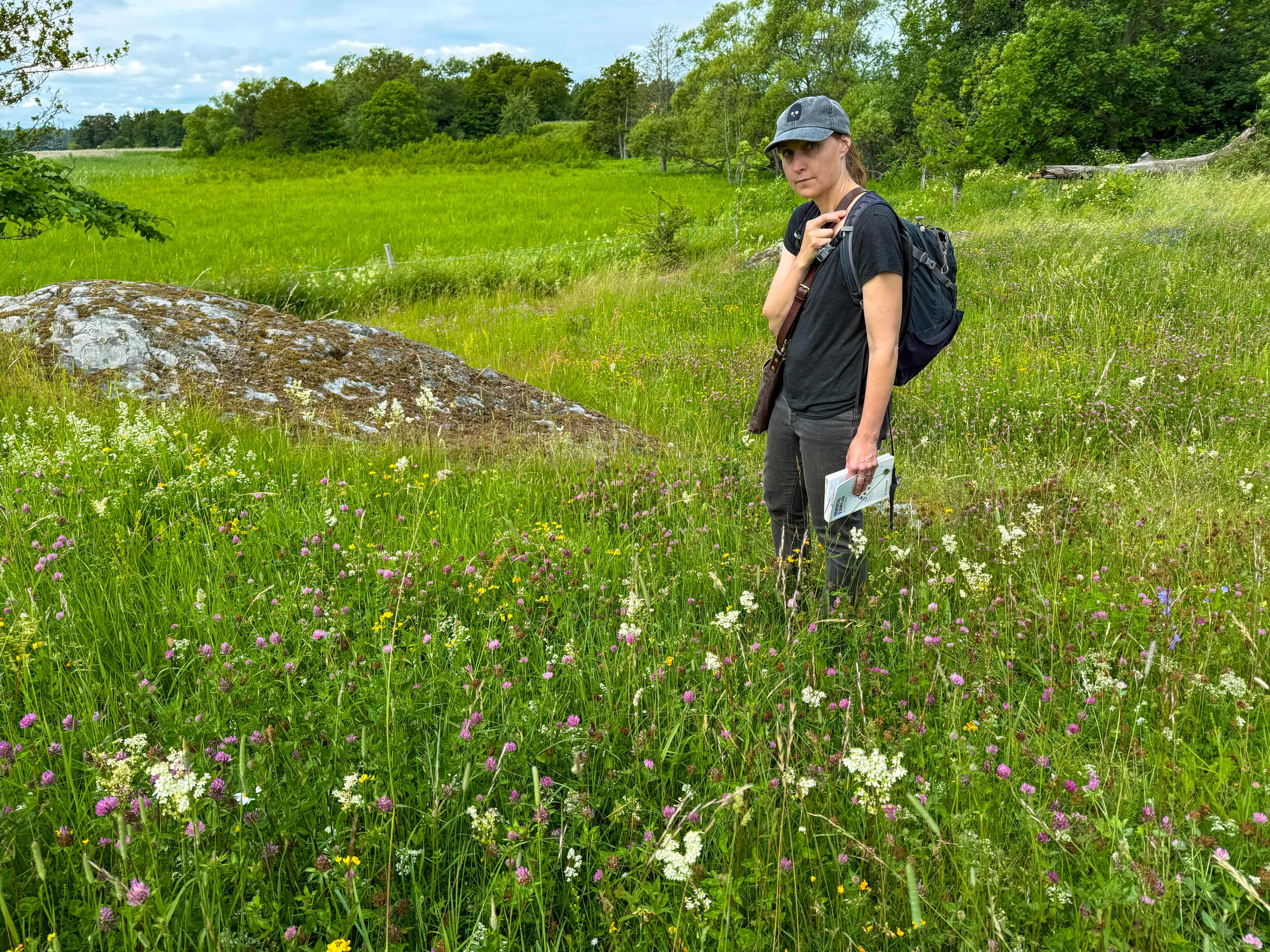 Karin Ahrné i blomsterhavet på den restaurerade ängsmarken Paskhäll i Uppland. Karin är biolog och miljöanalysspecialist på SLU Artdatabanken, där hon jobbar som organismgruppsansvarig för fjärilar.