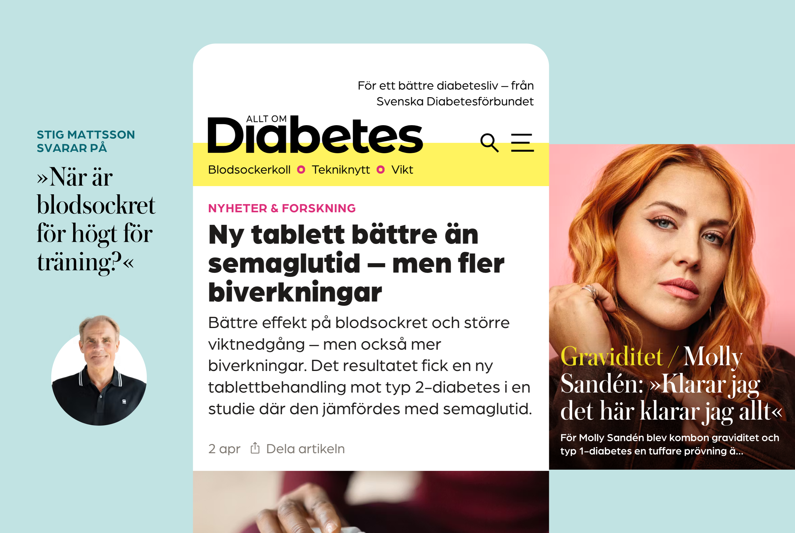 Omslag till svensk diabetestidning med artiklars rubriker, foto av Molly Sandén och sidospalt med expertråd om blodsocker och träning.