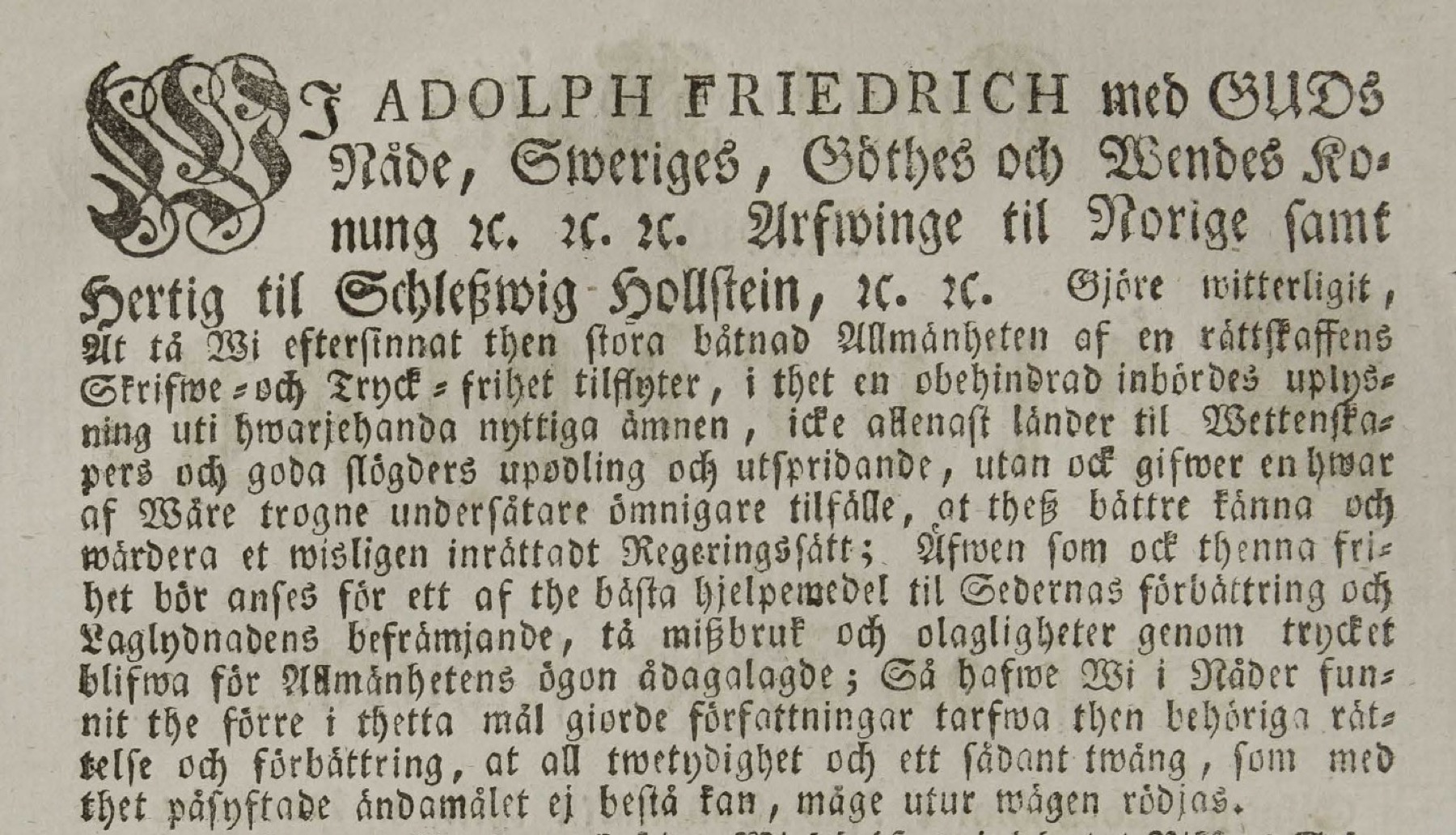 Svenska Tryckfrihetsförordningen 1766