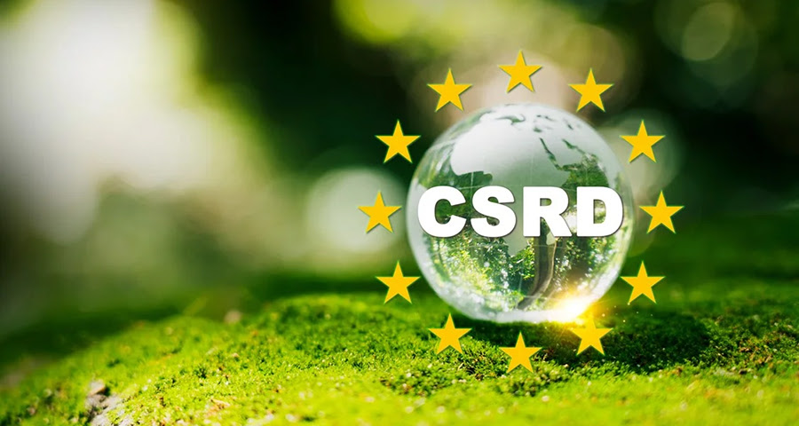 En glasglob märkt "CSRD" står omgiven av gula stjärnor på grön mossa, med en suddig grön bakgrund.
