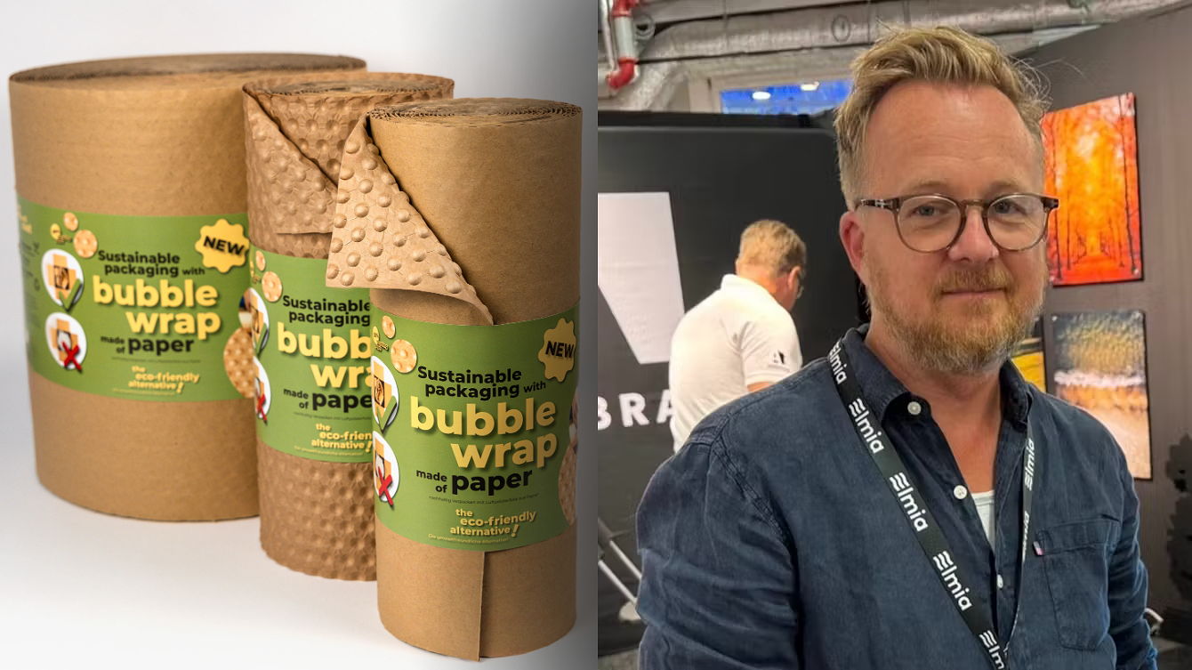 Tre rullar bubbelplast av papper visas till vänster; en man med glasögon och blå skjorta står till höger vid ett evenemang.